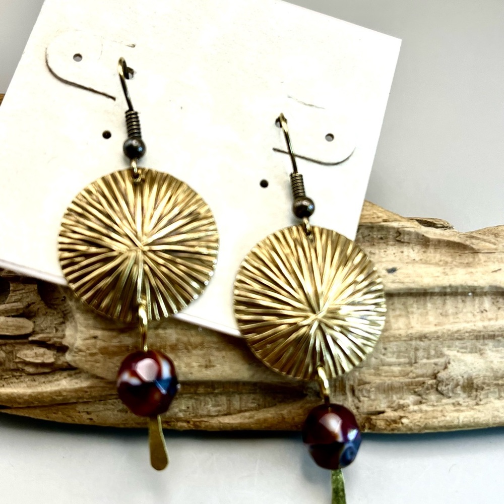 Elegant Gold Brass and Red Dangle Earrings